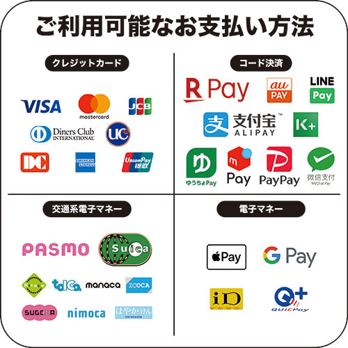 クレジットカード(VISA・MASTER)
QRコード決済(Paypay、LINE pay、メルペイ、ゆうちょペイ、au pay、アリペイ、銀行ペイ)